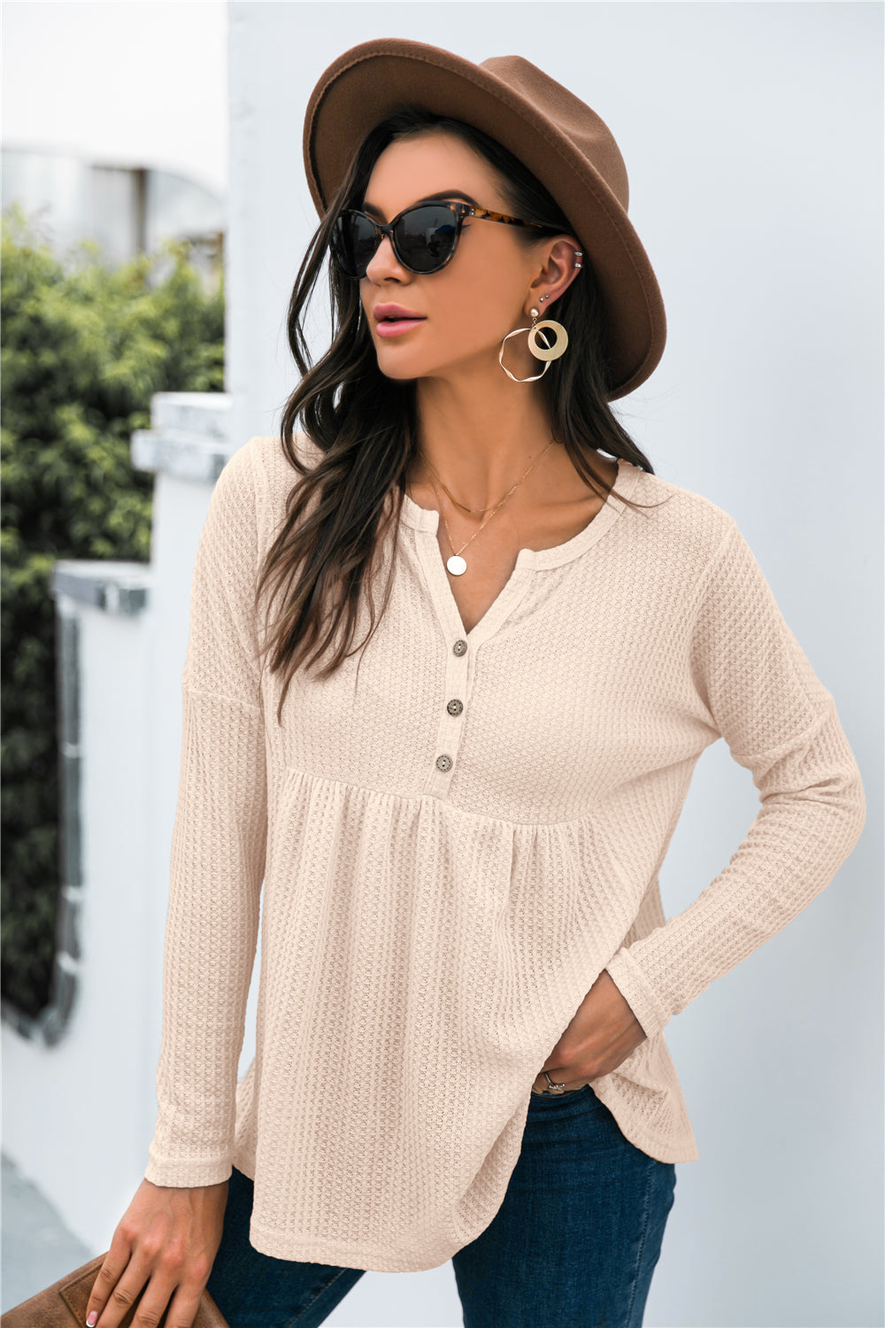 Button Front Waffle Knit Babydoll Top - Touch Me Textures