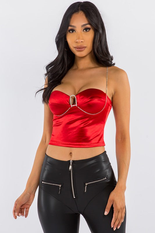 Jewel Crop Satin Diamond Strap Top