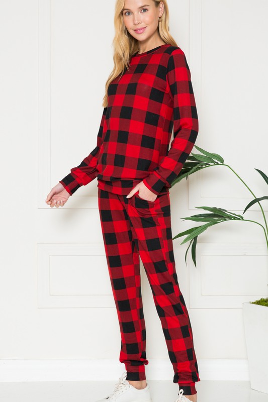 Plus Plaid Long Sleeve Lounge Set