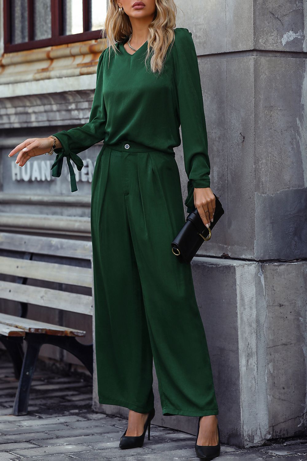 V-Neck Long Sleeve Top and Wide Leg Pants Set