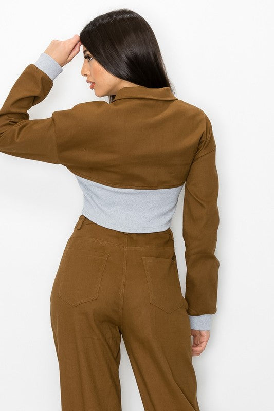 CONTRAST RIB WAIST CROP JACKET AND PANTS SET