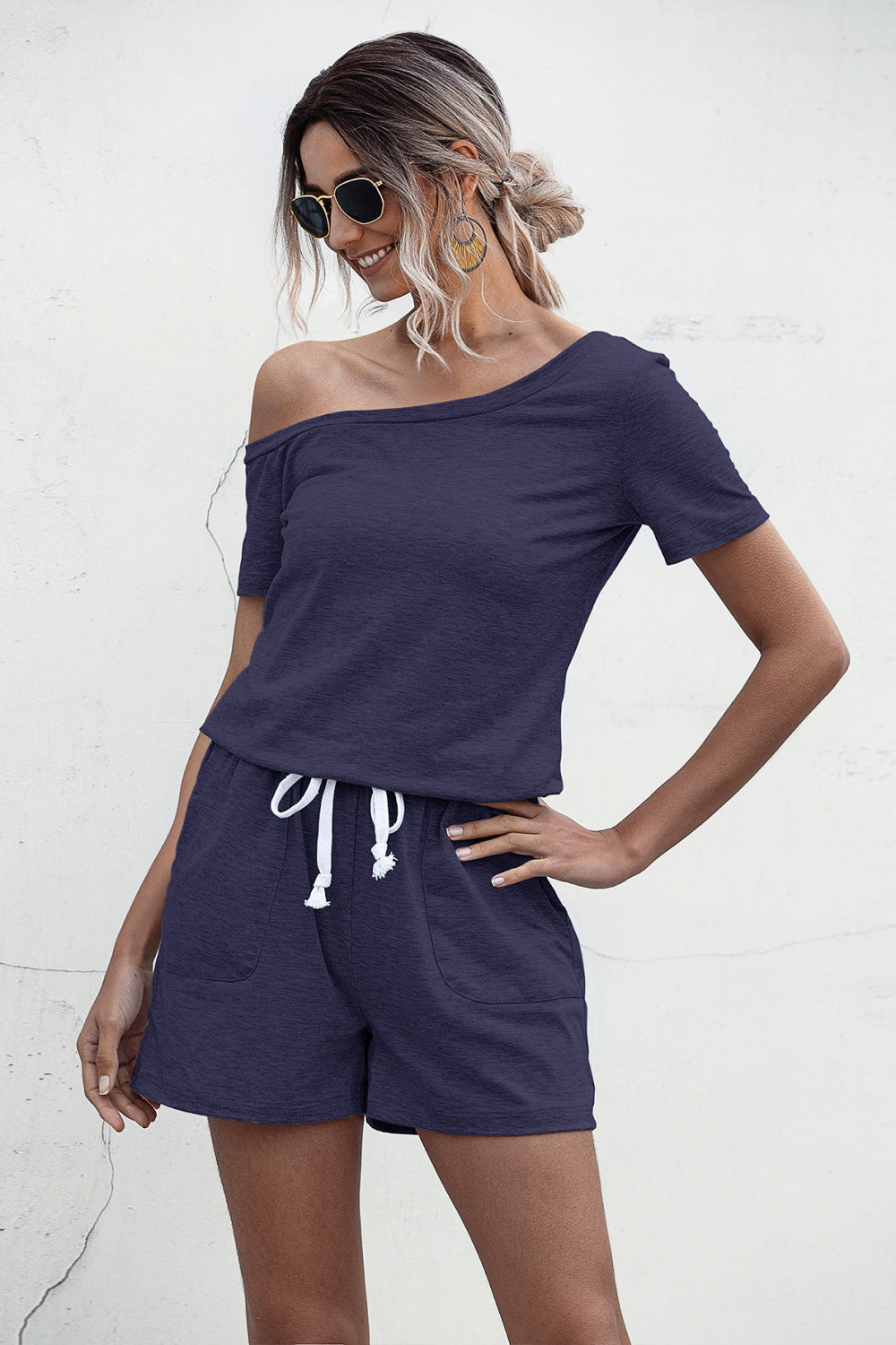 One Shoulder Tie Waist Romper - Touch Me Textures