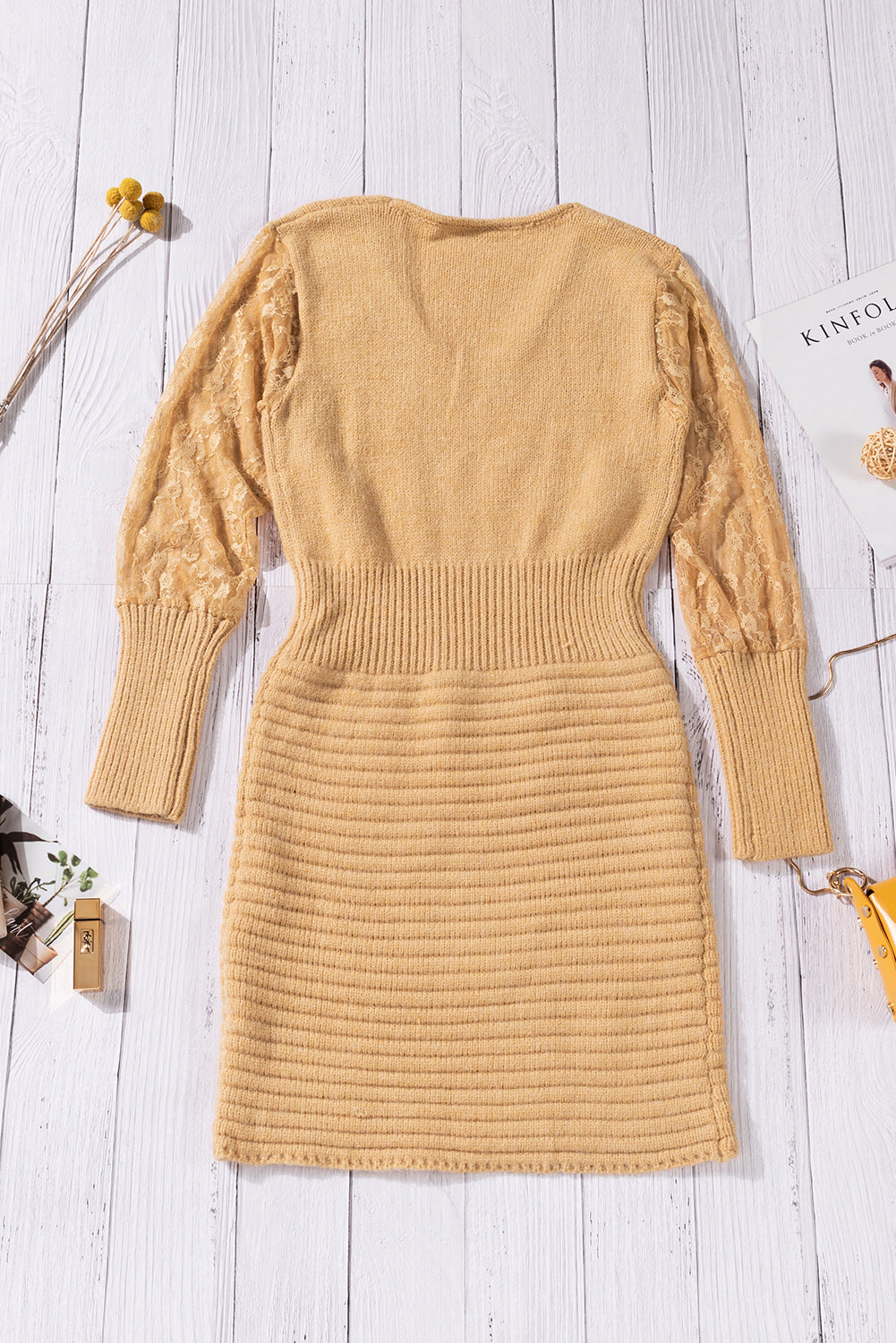 Lace Sleeve V-Neck Knit Dress - Touch Me Textures