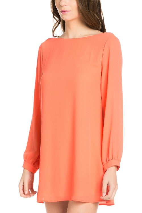 long sleeve shift dress coral