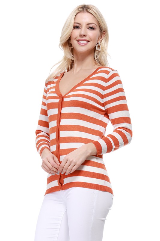 V Neck Striped Spandex Sweater Cardigan - Touch Me Textures