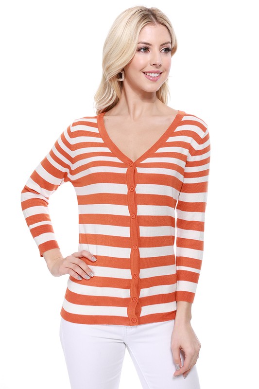 V Neck Striped Spandex Sweater Cardigan - Touch Me Textures