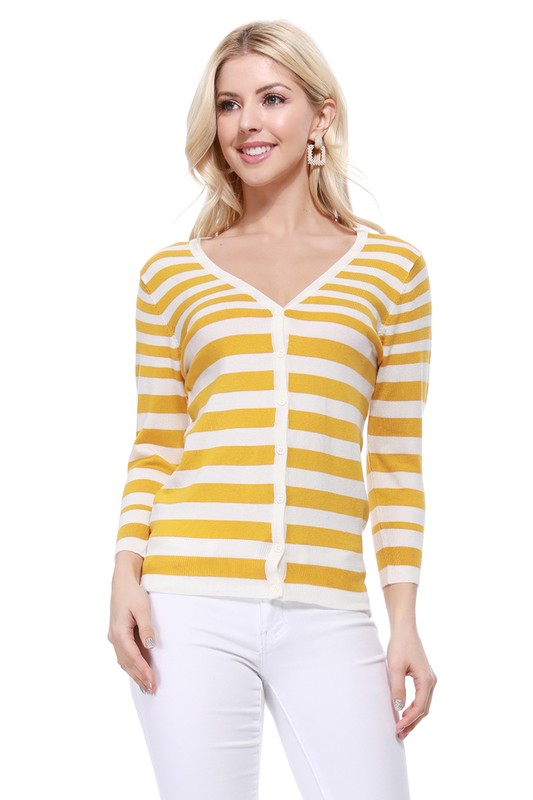 V Neck Striped Spandex Sweater Cardigan - Touch Me Textures