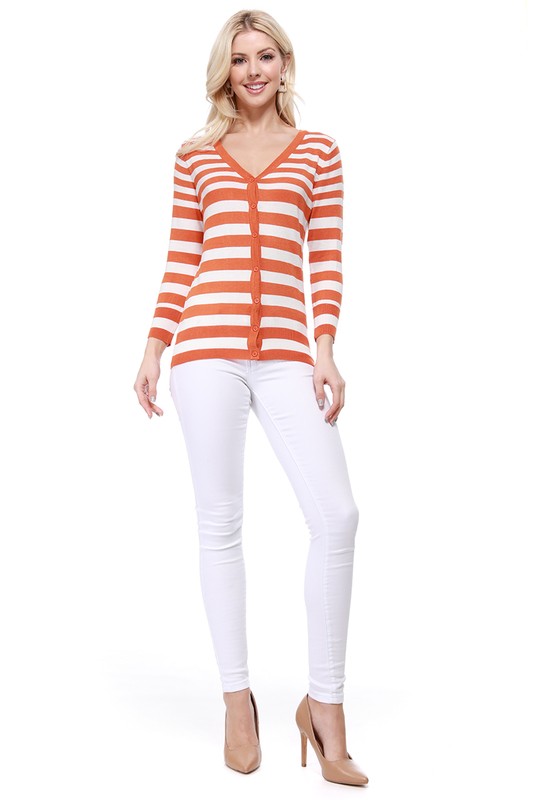 V Neck Striped Spandex Sweater Cardigan - Touch Me Textures