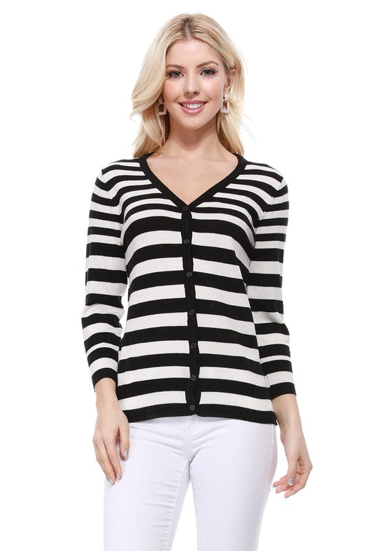 V Neck Striped Spandex Sweater Cardigan - Touch Me Textures