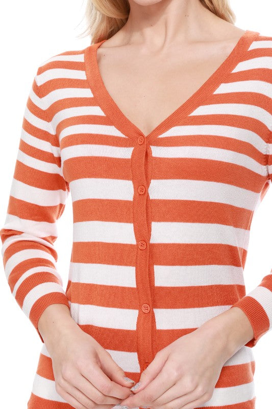 V Neck Striped Spandex Sweater Cardigan - Touch Me Textures