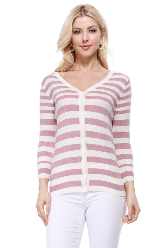 V Neck Striped Spandex Sweater Cardigan - Touch Me Textures