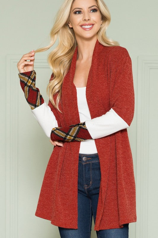 Plus Solid Plaid Contrast Long Sleeve Cardigan