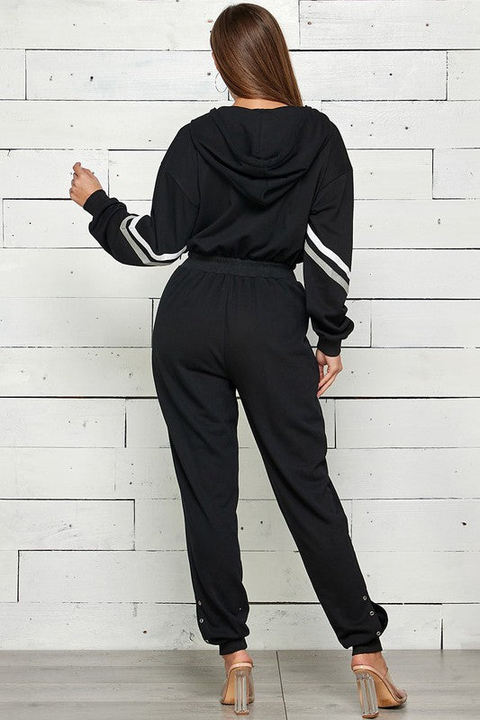 FRENCH TERRY STRIPED FRONT ZIPPER JOGGER JUMPSUIT