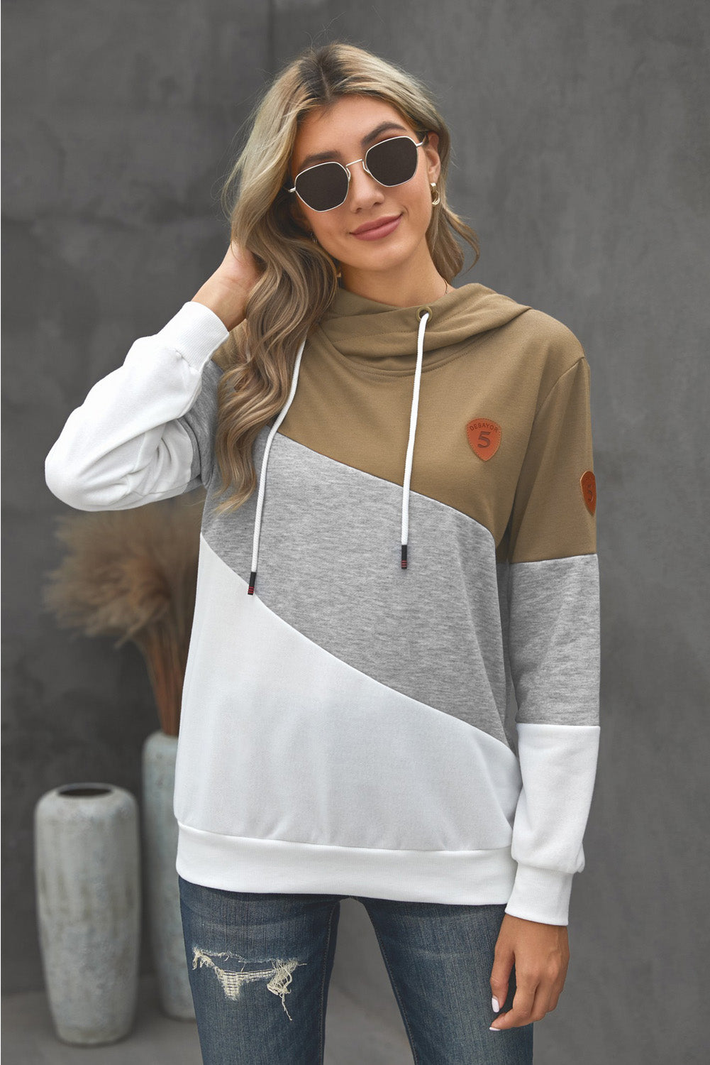 Full Size Range Color Block Cowl Neck Hoodie - Touch Me Textures