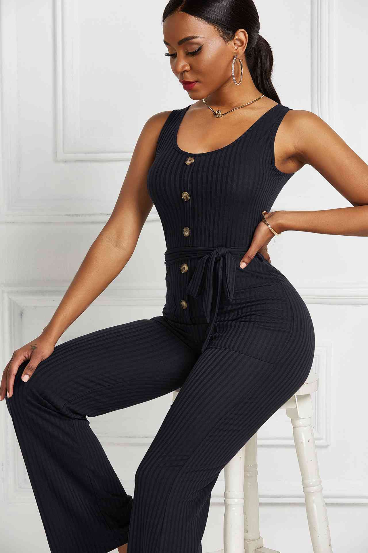 Button Detail Tie Waist Jumpsuit with Pockets - Touch Me Textures