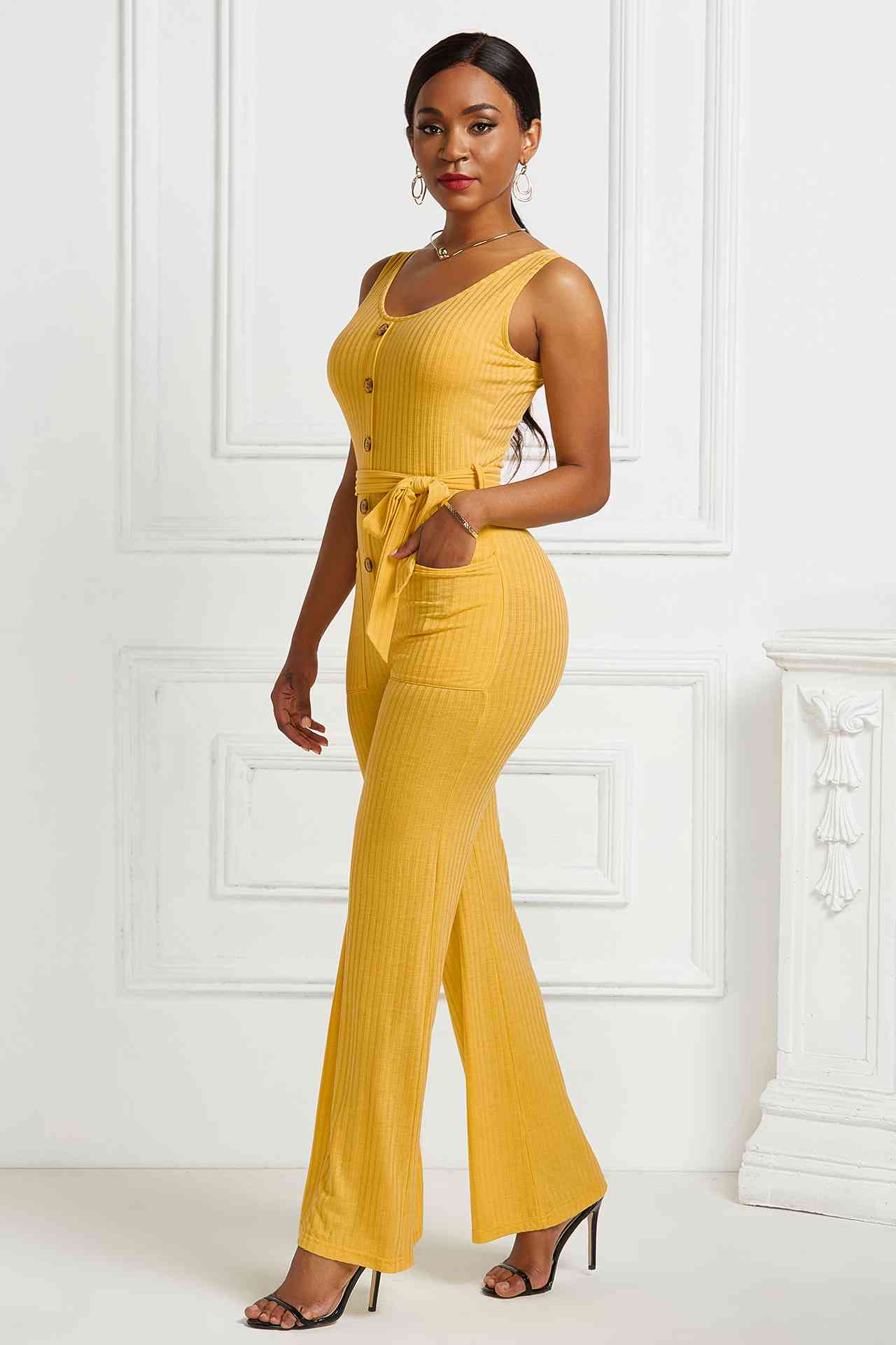 Button Detail Tie Waist Jumpsuit with Pockets - Touch Me Textures