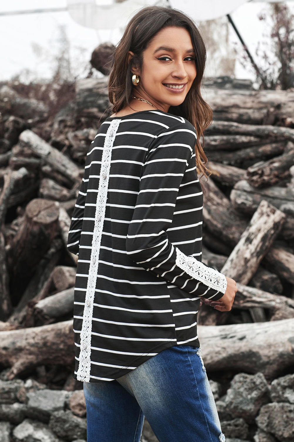 Striped Lace Button Detail Top - Touch Me Textures