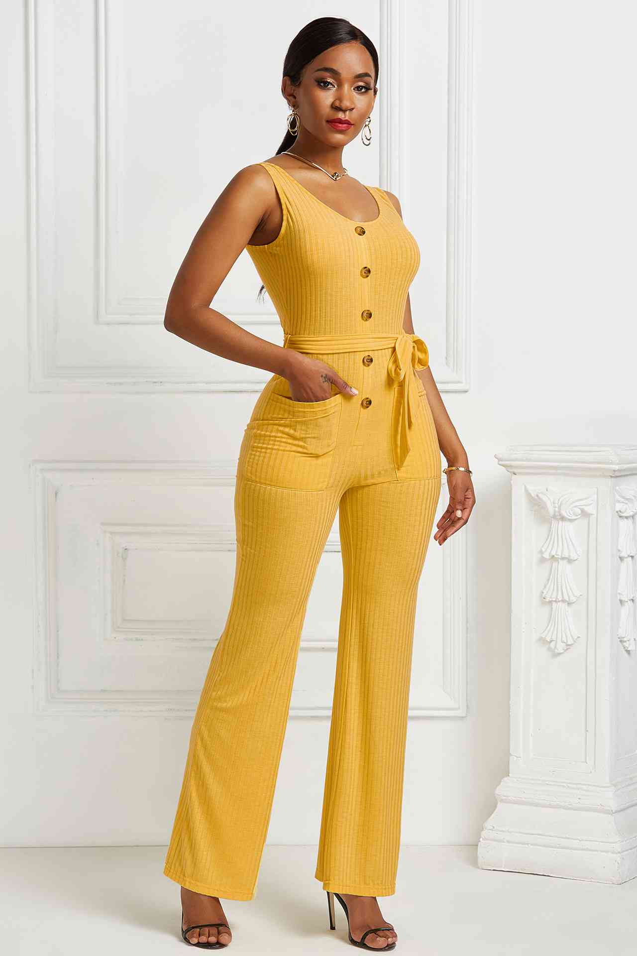 Button Detail Tie Waist Jumpsuit with Pockets - Touch Me Textures