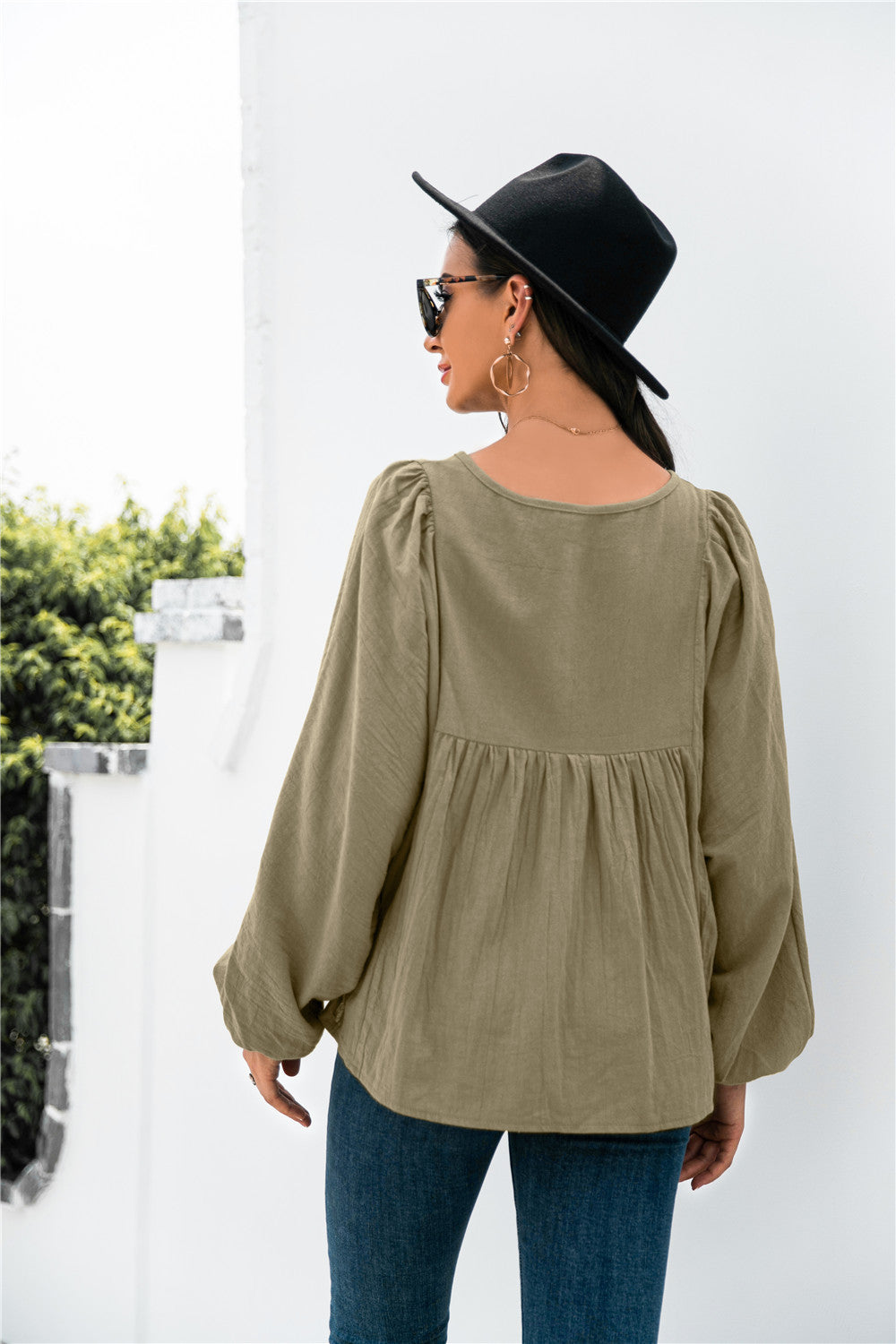 Button Up Balloon Sleeve Blouse - Touch Me Textures