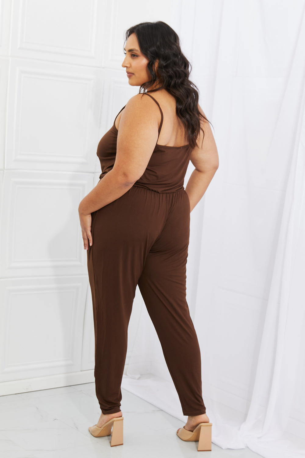 Capella Comfy Casual Full Size Solid Elastic Waistband Jumpsuit in Chocolate - Touch Me Textures