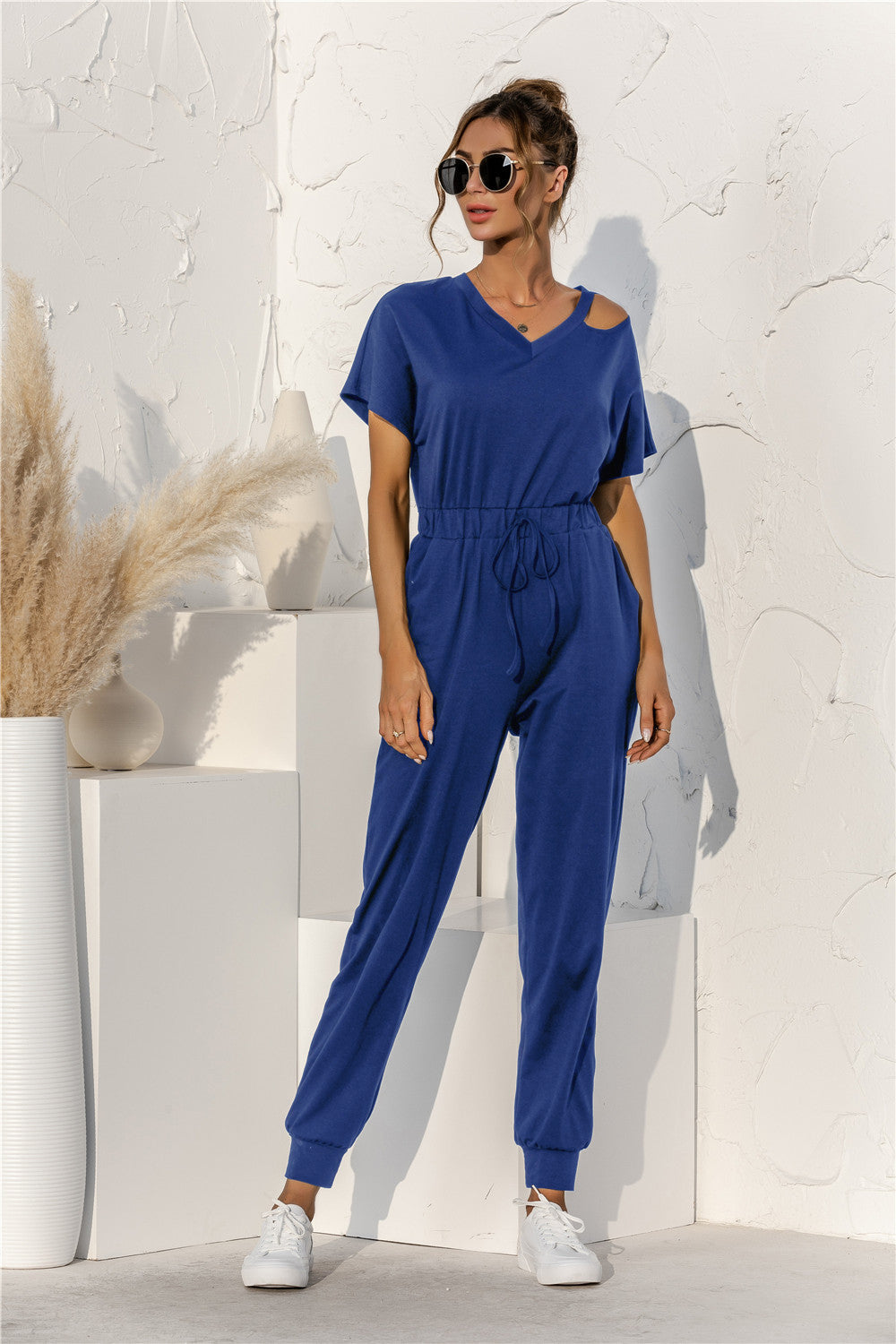 Cut Out V-neck Drawstring Jumpsuit - Touch Me Textures