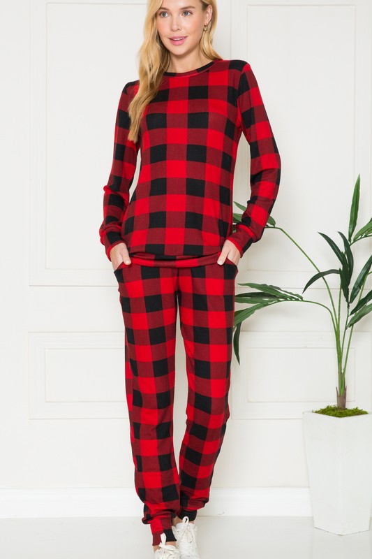 Plus Plaid Long Sleeve Lounge Set