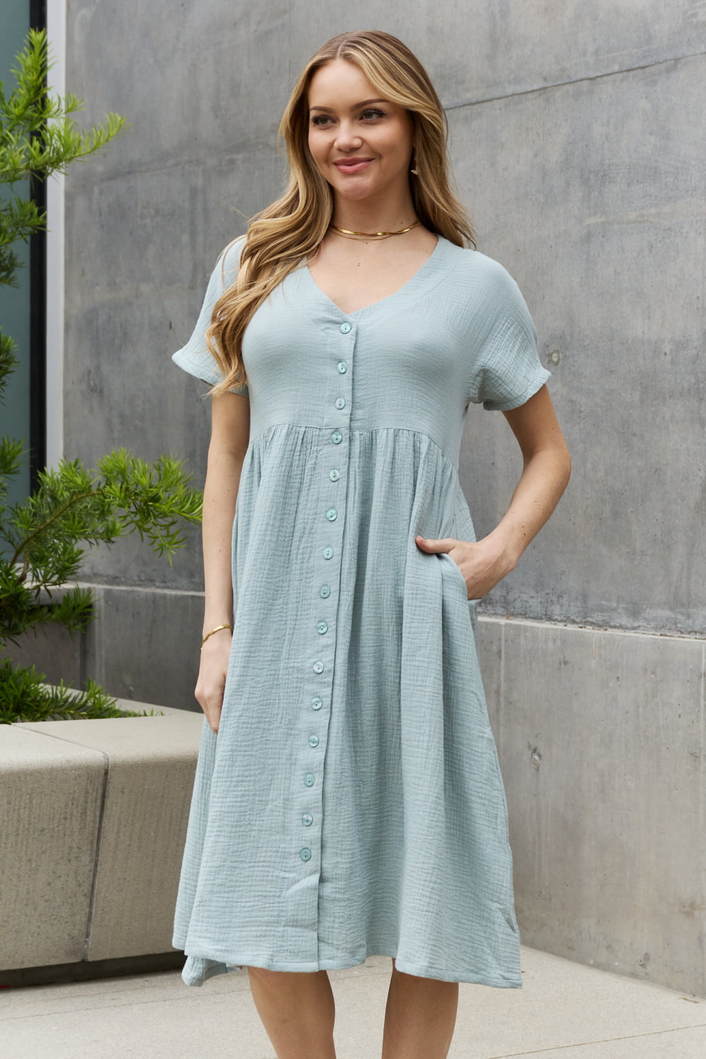 Sweet Lovely By Jen Full Size Button Down Midi Dress