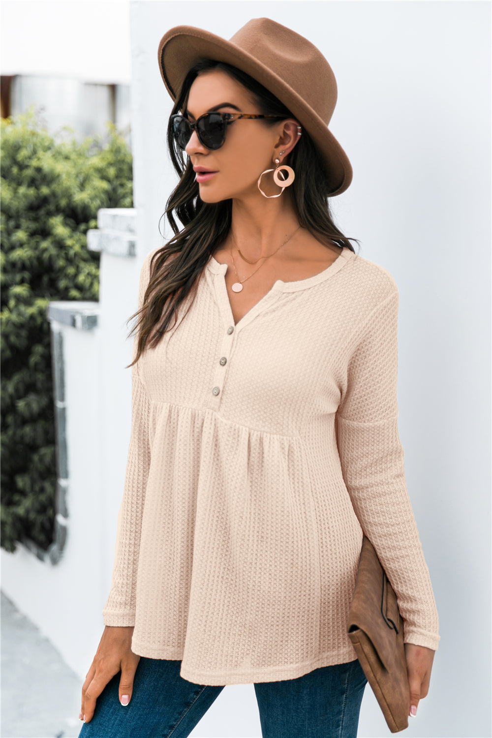 Button Front Waffle Knit Babydoll Top - Touch Me Textures