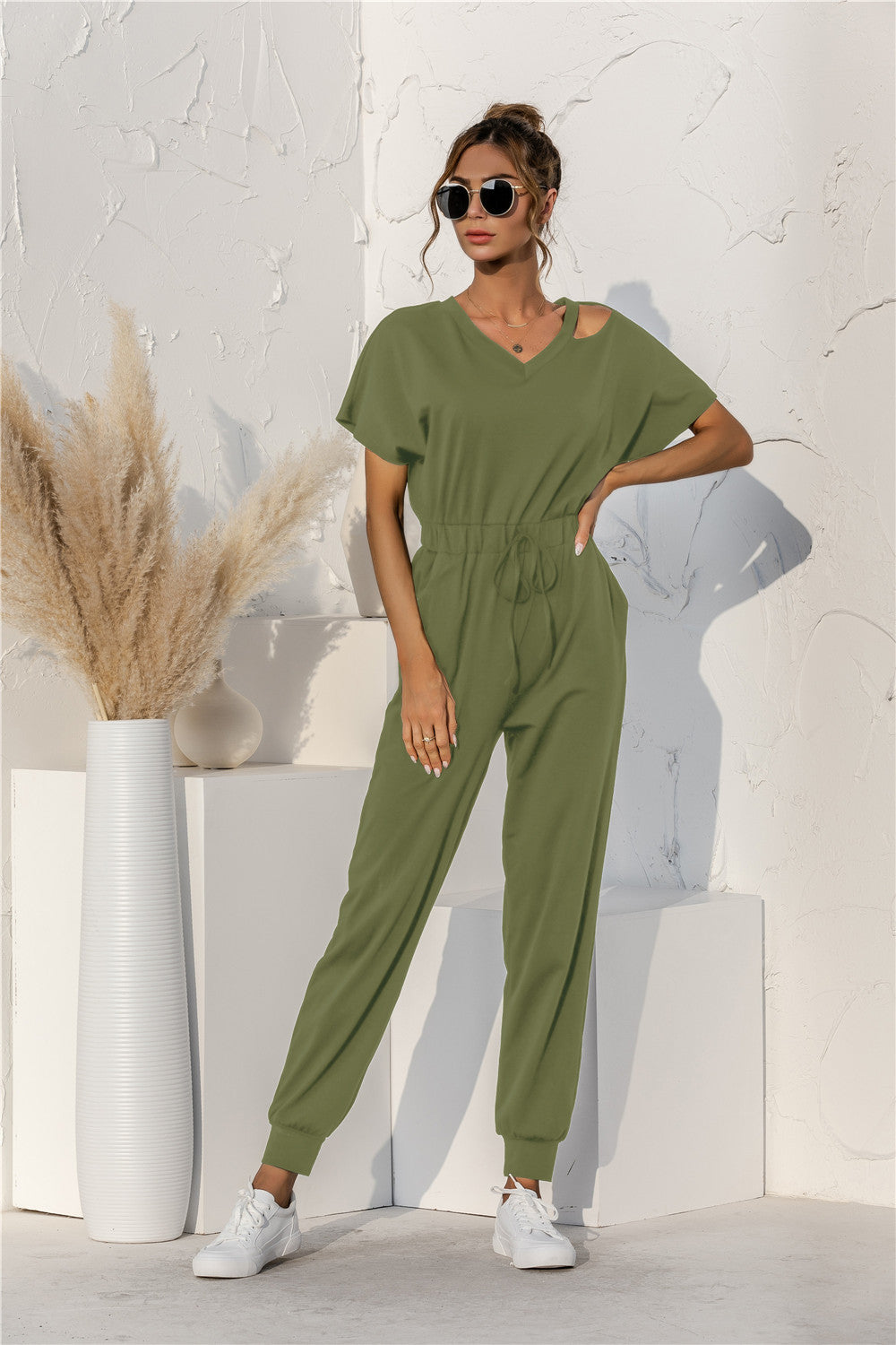 Cut Out V-neck Drawstring Jumpsuit - Touch Me Textures