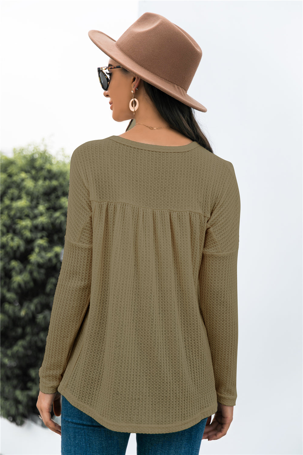 Button Front Waffle Knit Babydoll Top - Touch Me Textures