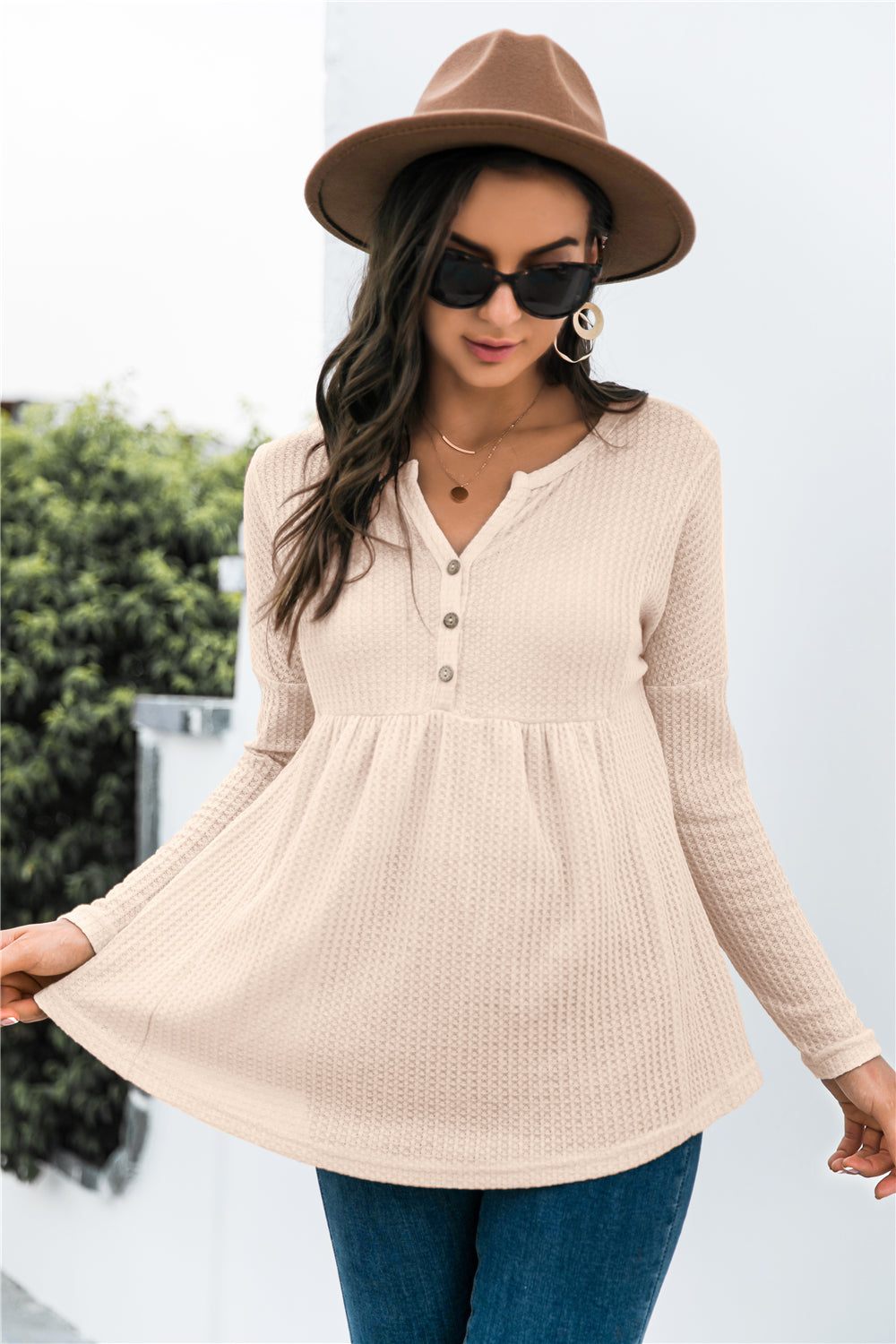 Button Front Waffle Knit Babydoll Top - Touch Me Textures