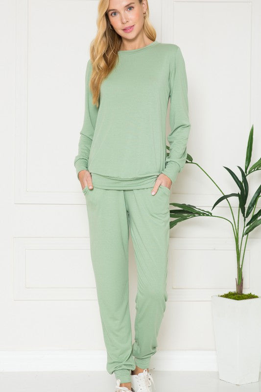 Plus Solid Long Sleeve Lounge Set