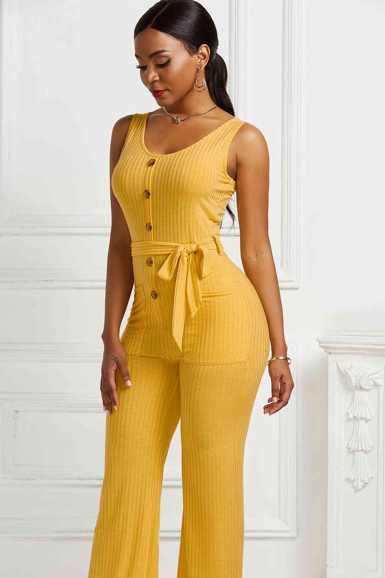 Button Detail Tie Waist Jumpsuit with Pockets - Touch Me Textures