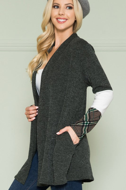 Solid Plaid Contrast Long Sleeve Cardigan