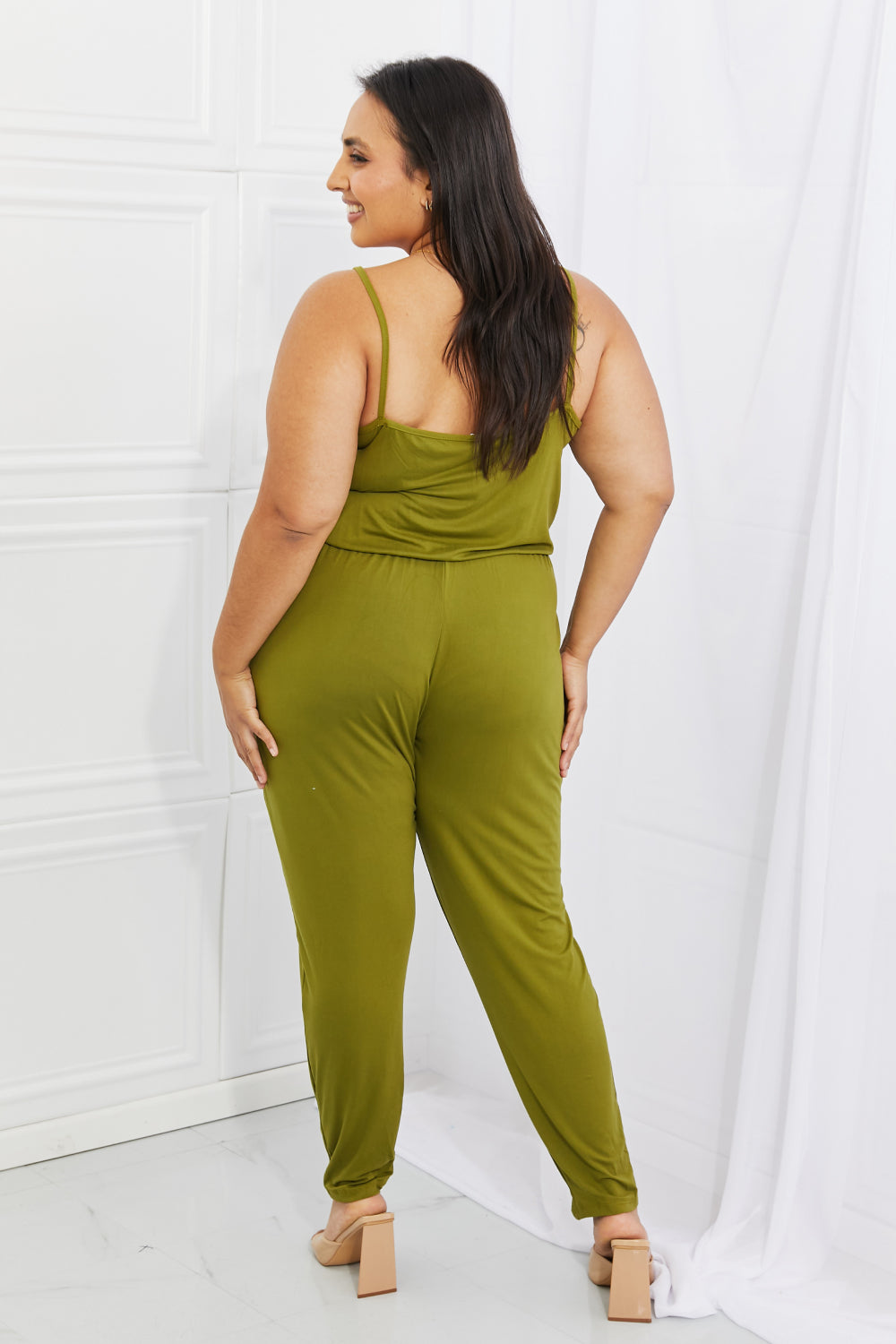 Capella Comfy Casual Full Size Solid Elastic Waistband Jumpsuit in Chartreuse - Touch Me Textures