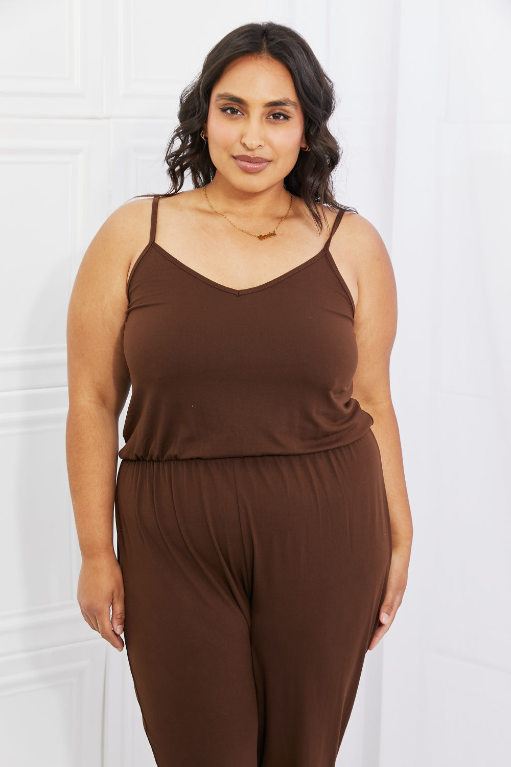 Capella Comfy Casual Full Size Solid Elastic Waistband Jumpsuit in Chocolate - Touch Me Textures