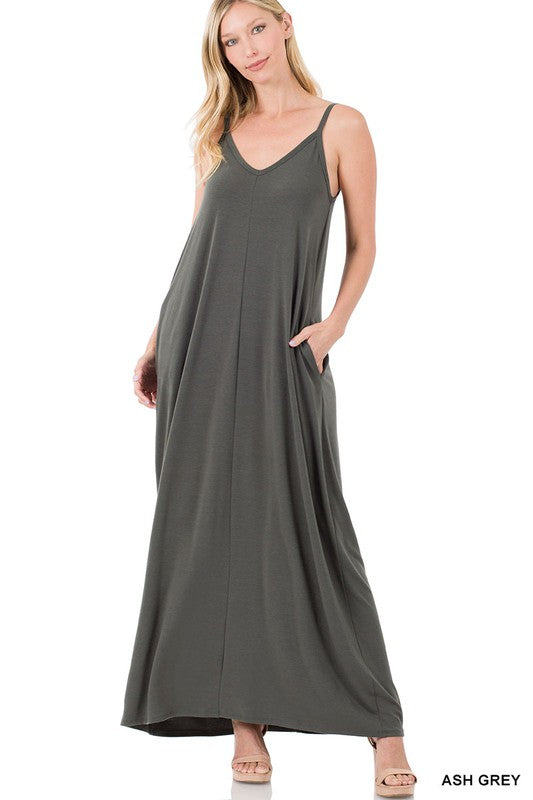 V NECK CAMI MAXI DRESS WITH SIDE POCKETS