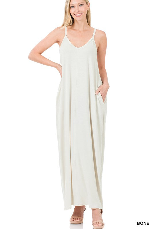 V NECK CAMI MAXI DRESS WITH SIDE POCKETS