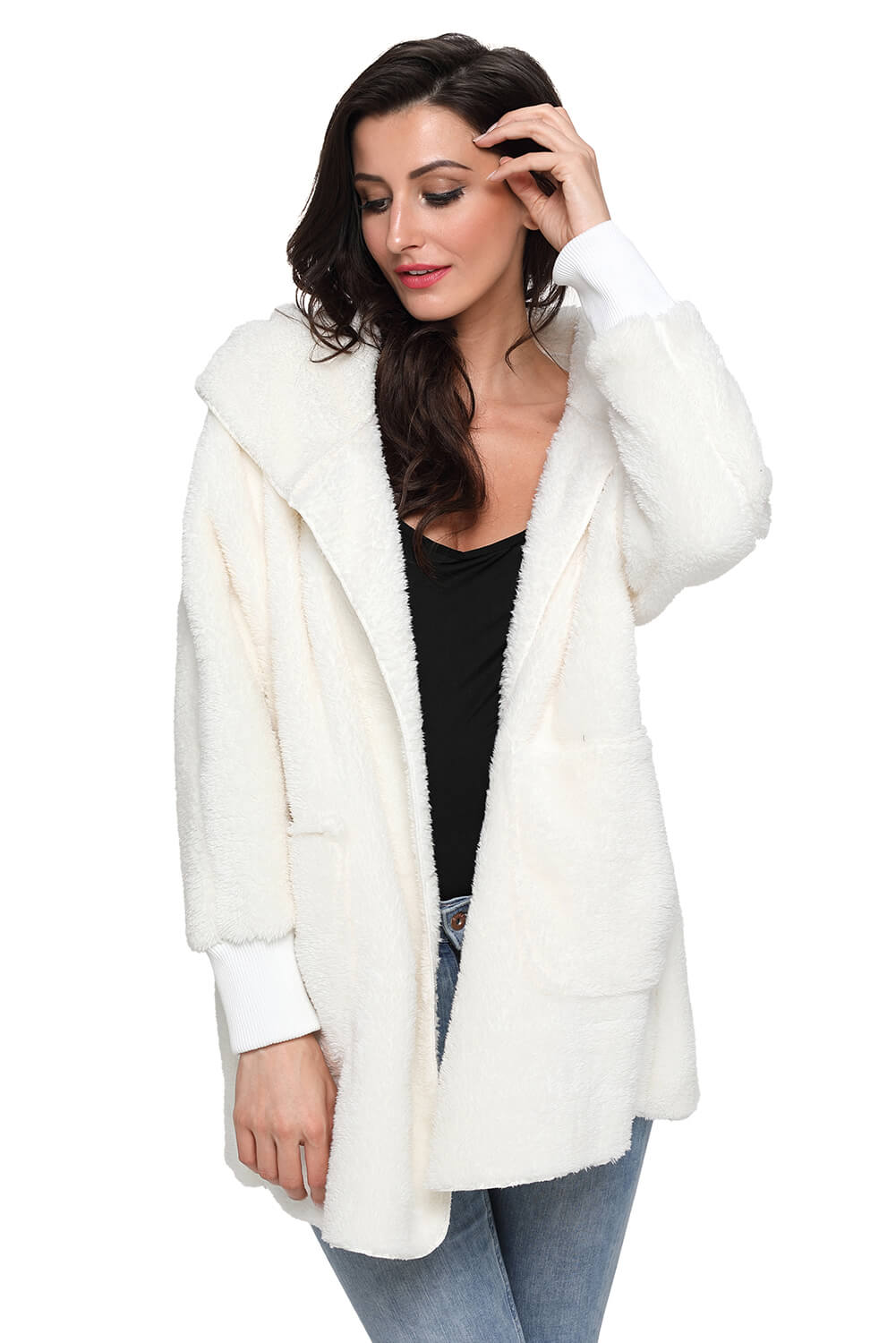 Soft Fleece Hooded Open Front Coat - Touch Me Textures