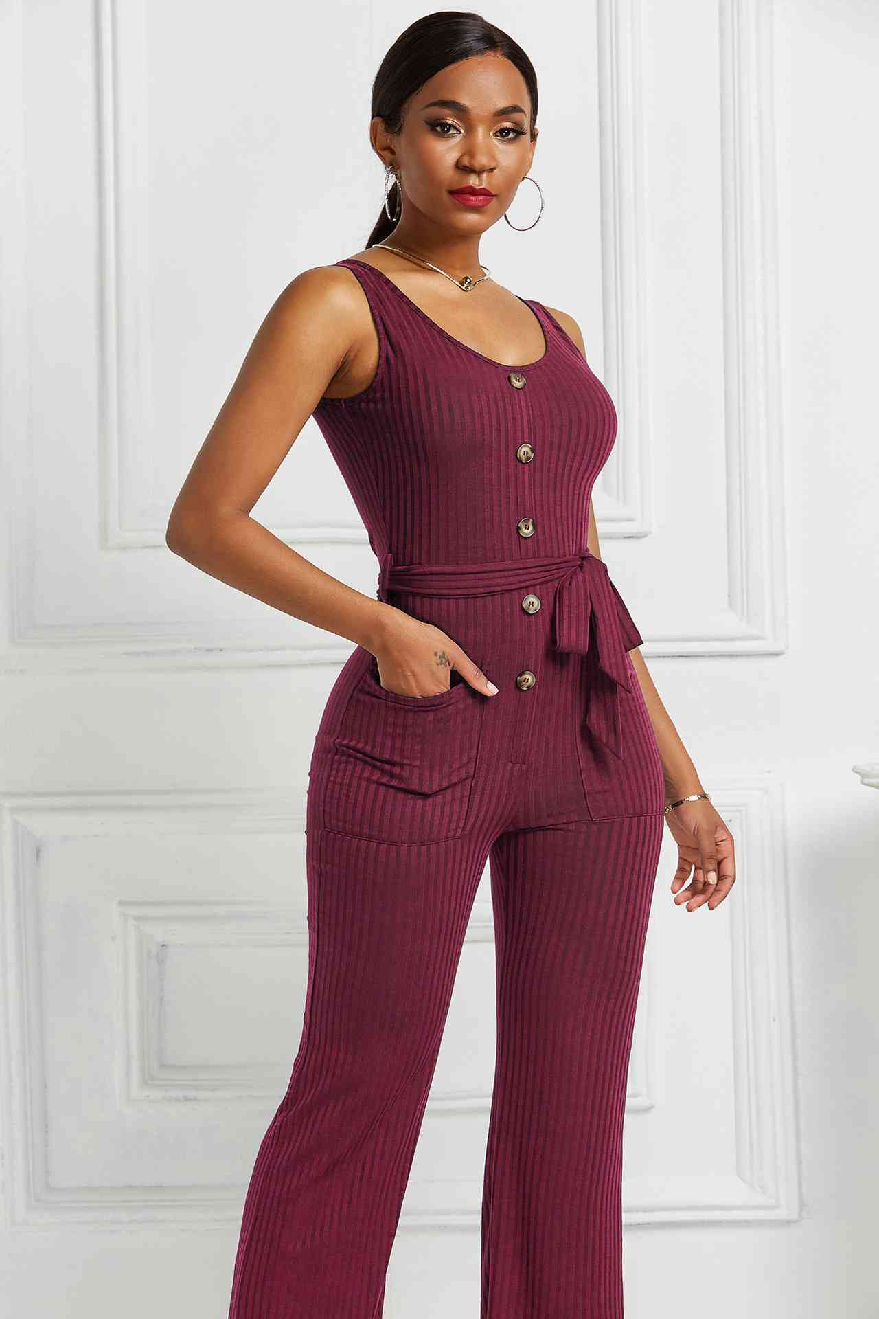 Button Detail Tie Waist Jumpsuit with Pockets - Touch Me Textures