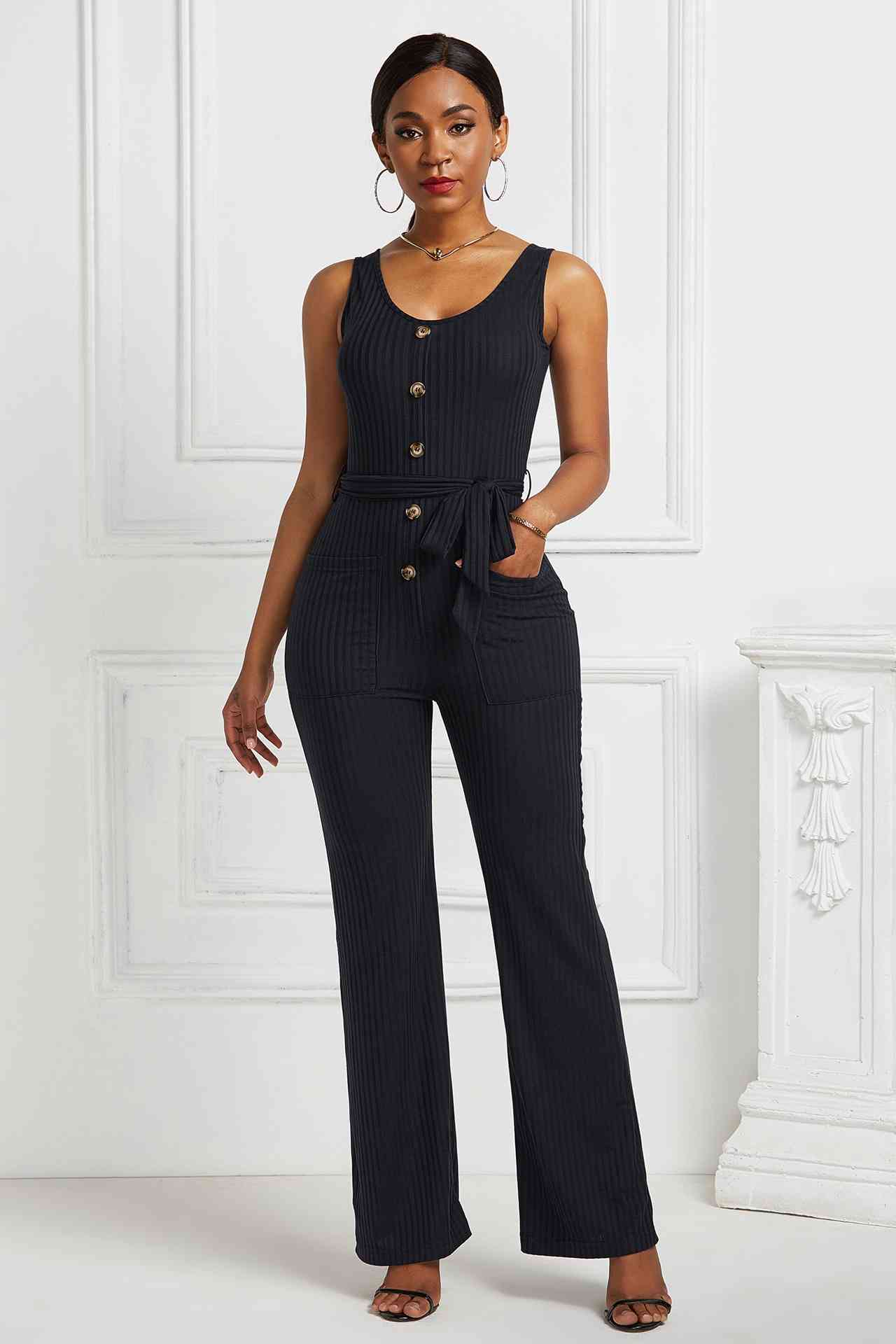 Button Detail Tie Waist Jumpsuit with Pockets - Touch Me Textures