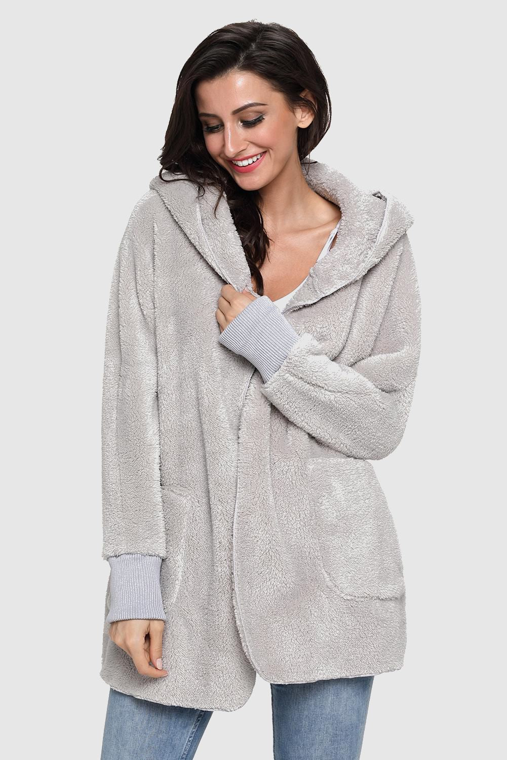 Soft Fleece Hooded Open Front Coat - Touch Me Textures