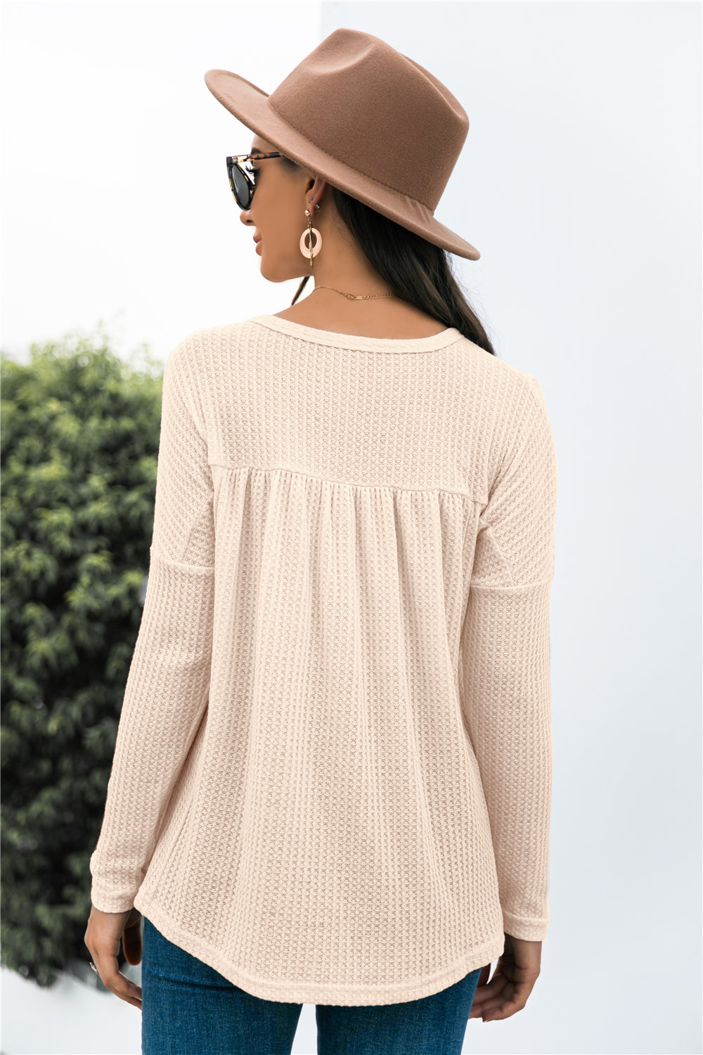 Button Front Waffle Knit Babydoll Top - Touch Me Textures