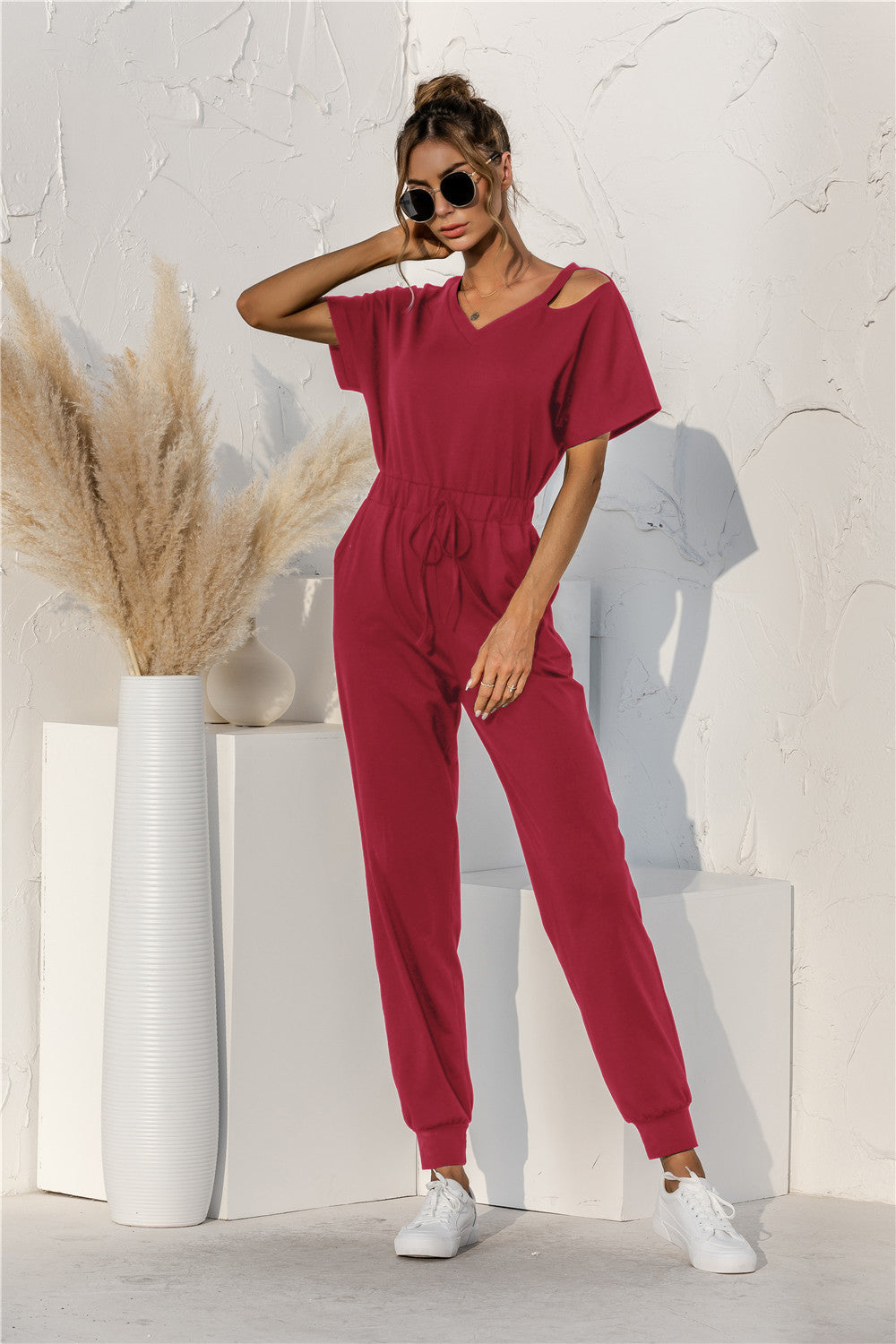 Cut Out V-neck Drawstring Jumpsuit - Touch Me Textures