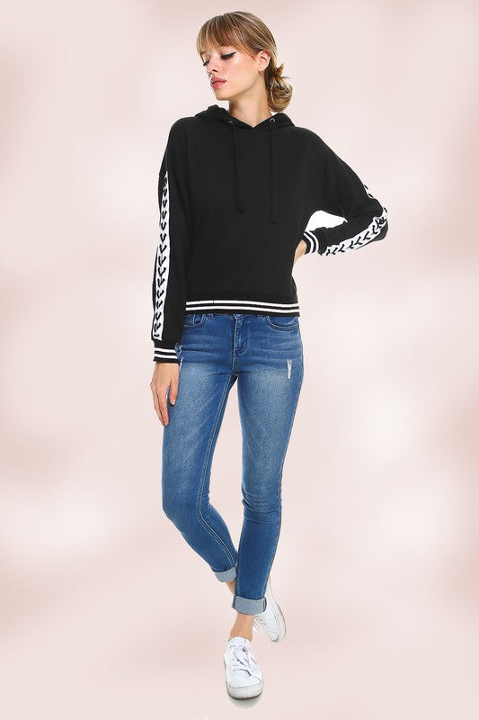 Fleece Lace Up Sleeve Sweatshirt Hoodie Top