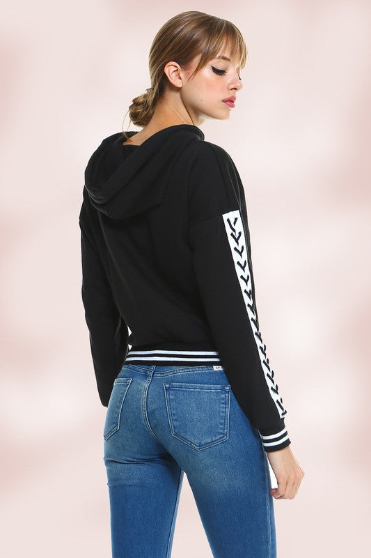 Fleece Lace Up Sleeve Sweatshirt Hoodie Top