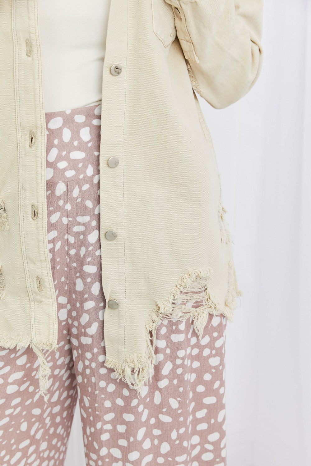 American Bazi Full Size Distressed Button Down Denim Jacket in Sand - Touch Me Textures