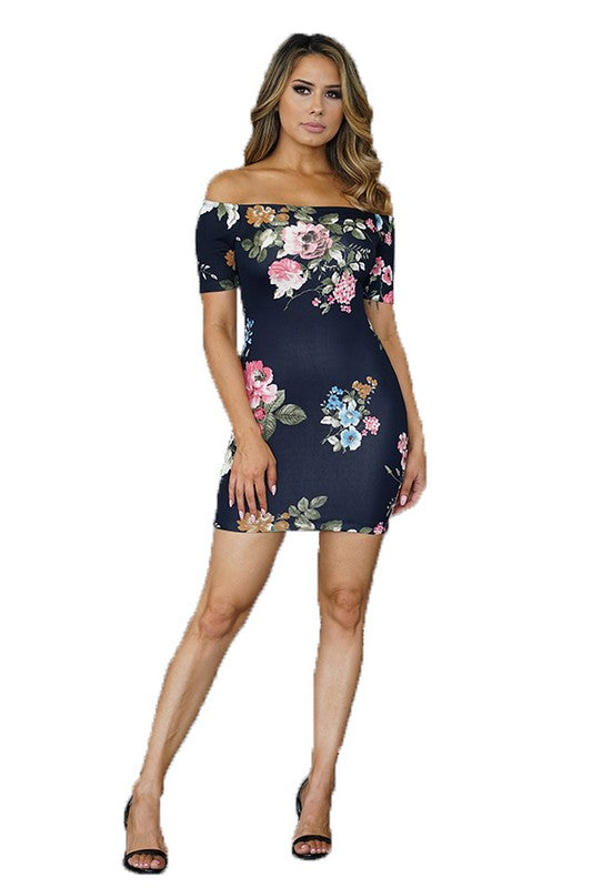 OFF SHOULDER SHORT SLEEVE FLOWER PRINT MINI DRESS