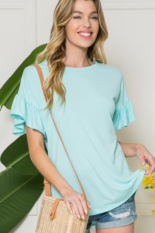 Solid Short Sleeve Flutter Top