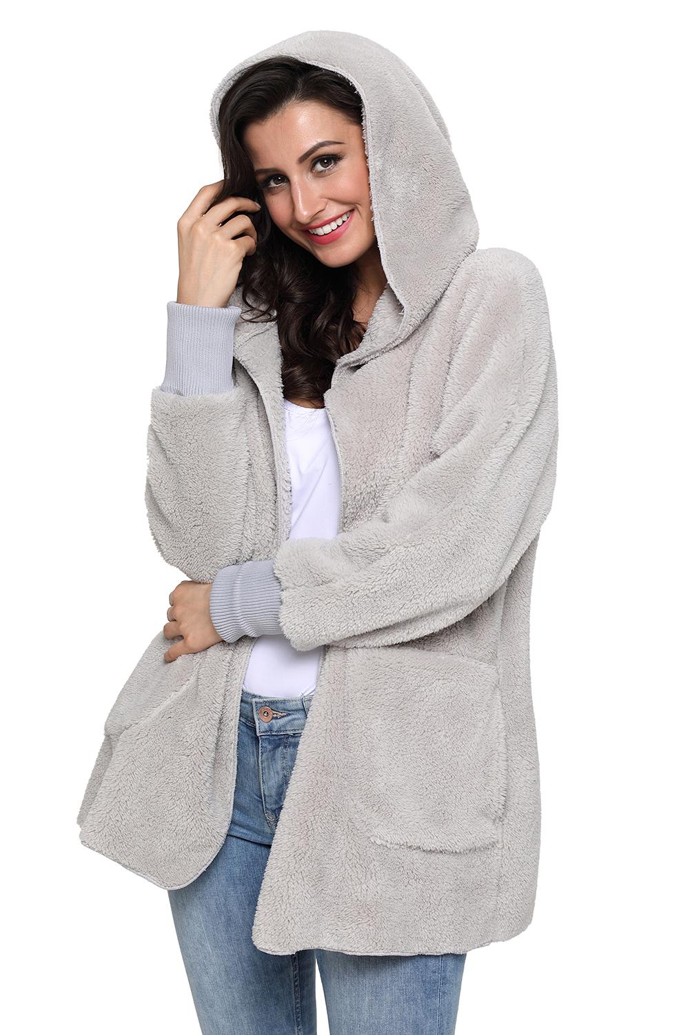 Soft Fleece Hooded Open Front Coat - Touch Me Textures